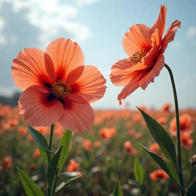 The primary subject of the image is a field of flowers, with two large, bright orange flowers being the main focus. The setting is a sunny day, and the flowers are blooming in the field. The visual style of the image is a photo, capturing the beauty of the flowers in their natural environment. The colors and mood of the image are vibrant and cheerful, with the orange flowers standing out against the backdrop of the field.